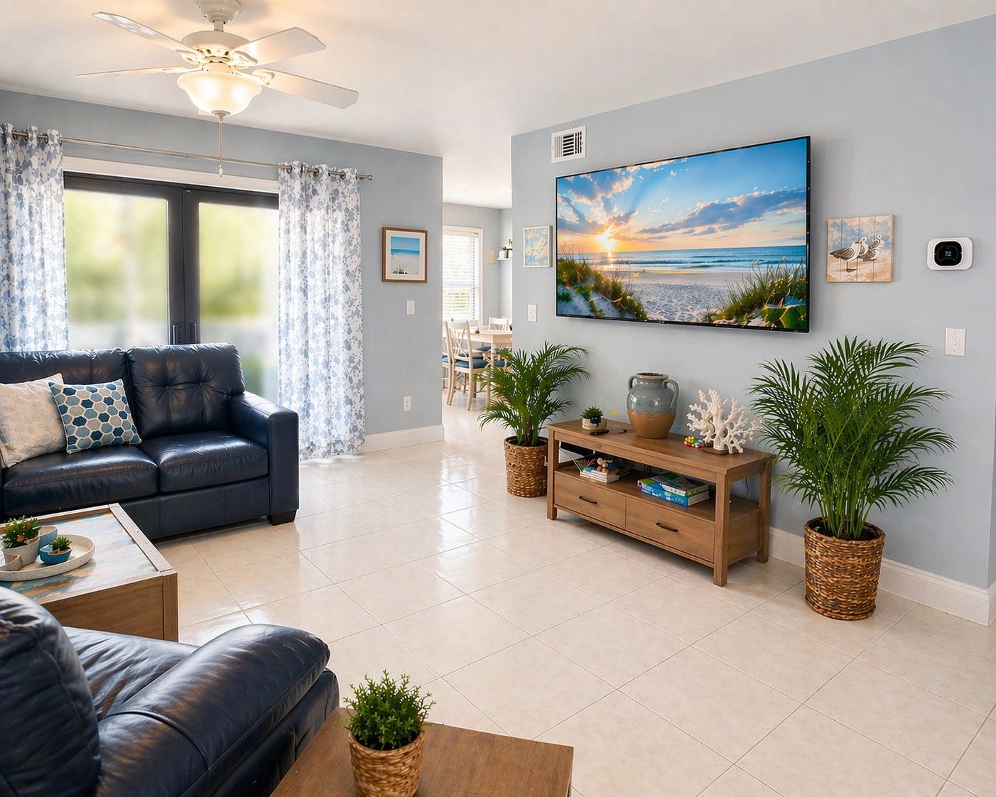 Sea Fern Unit 204 — Living room with queen leather sofa sleeper and rocking recliners